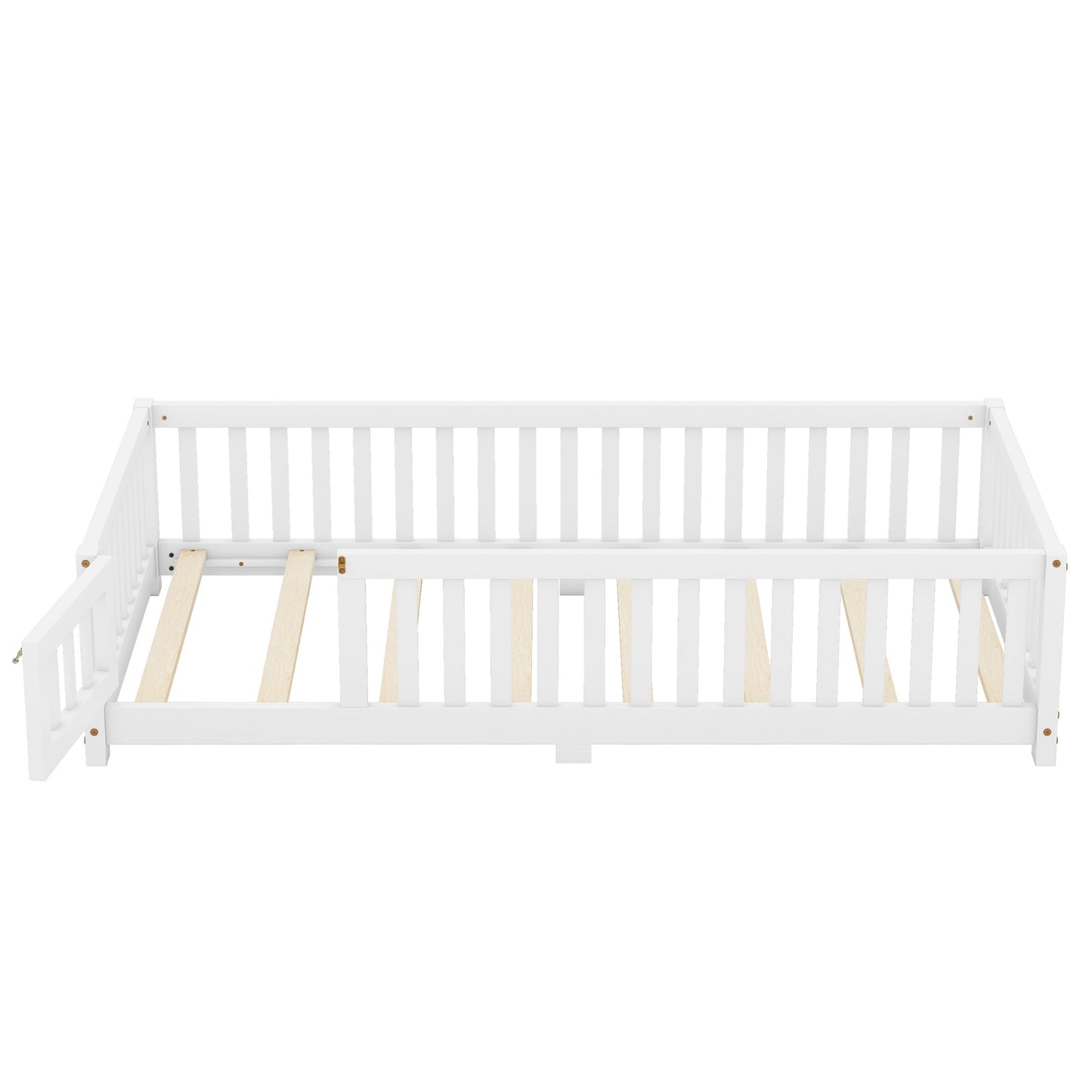 Twin Size Bed Floor Bed with Safety Guardrails and Door for Kids, White