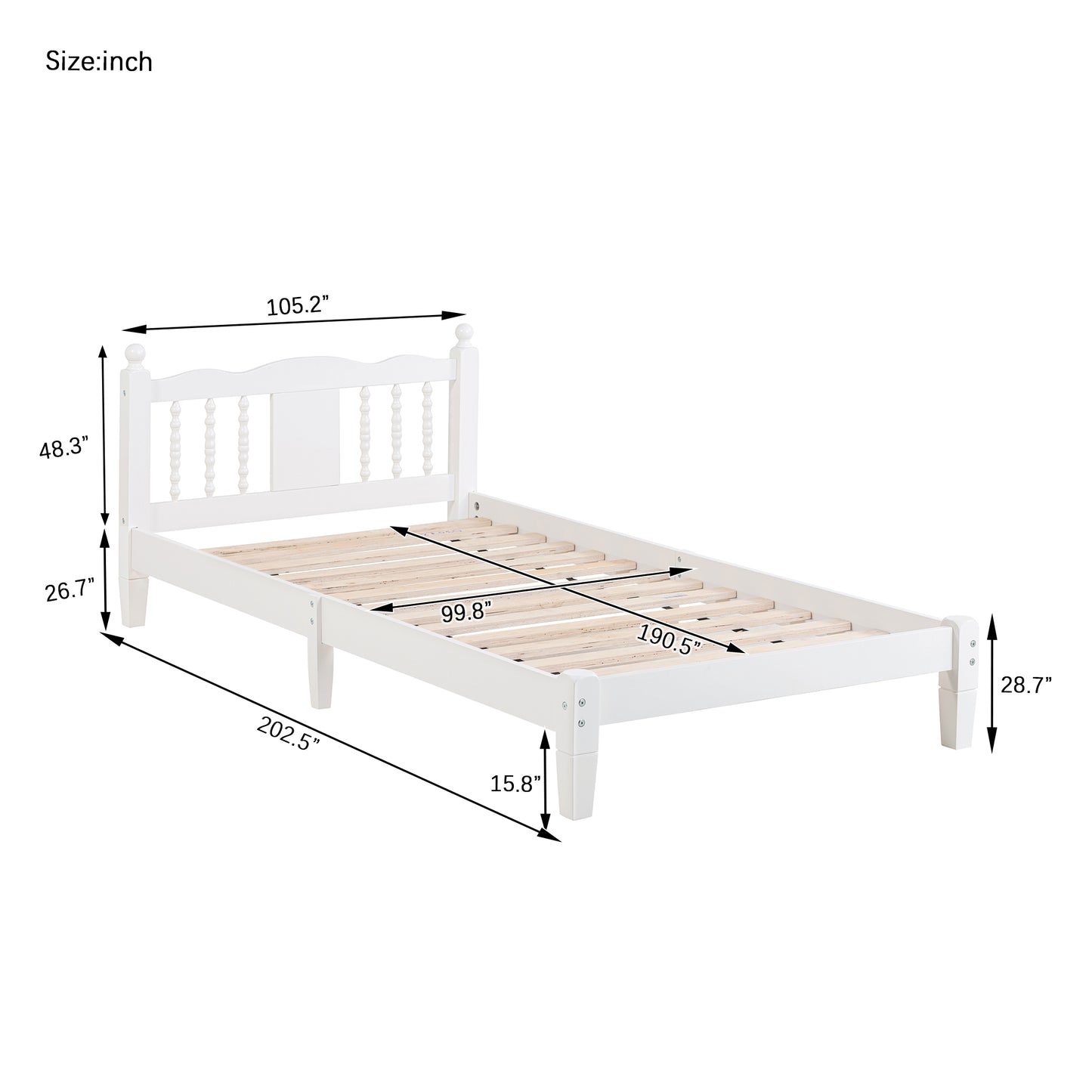 Twin Bed with Column-Decoration Headboard, with Bed Slats,White