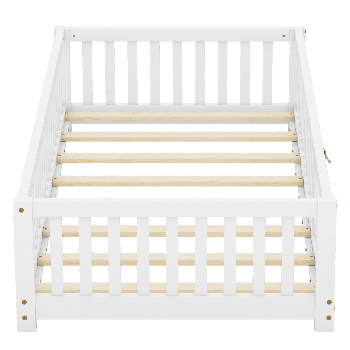 Twin Size Bed Floor Bed with Safety Guardrails and Door for Kids, White