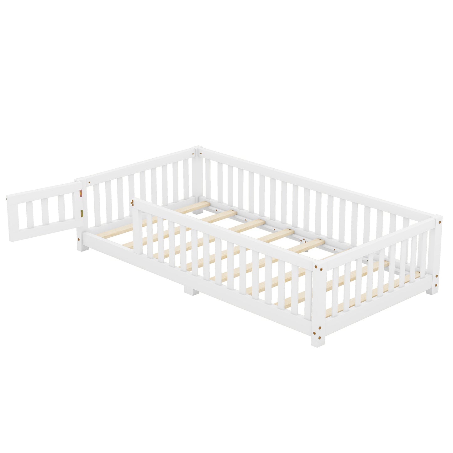 Twin Size Bed Floor Bed with Safety Guardrails and Door for Kids, White