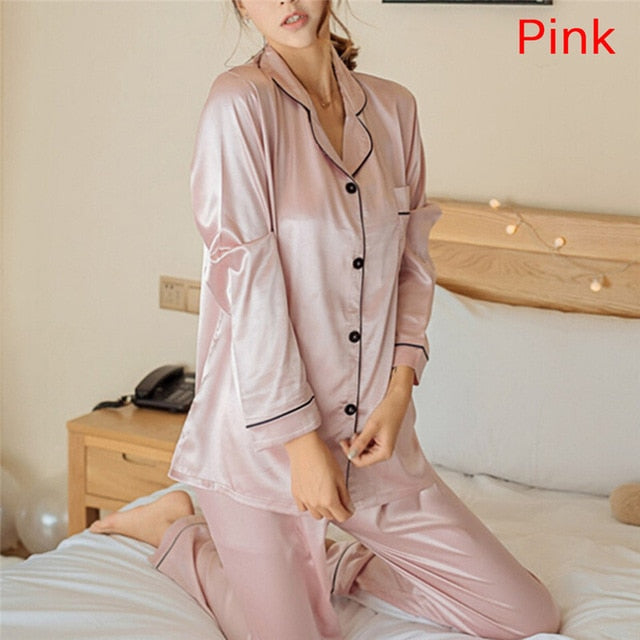 2 Piece Set Loungewear Womens Silk Satin Pajamas Pyjamas Set Long Sleeve Sleepwear Pijama Pajamas Suit Female Sleep