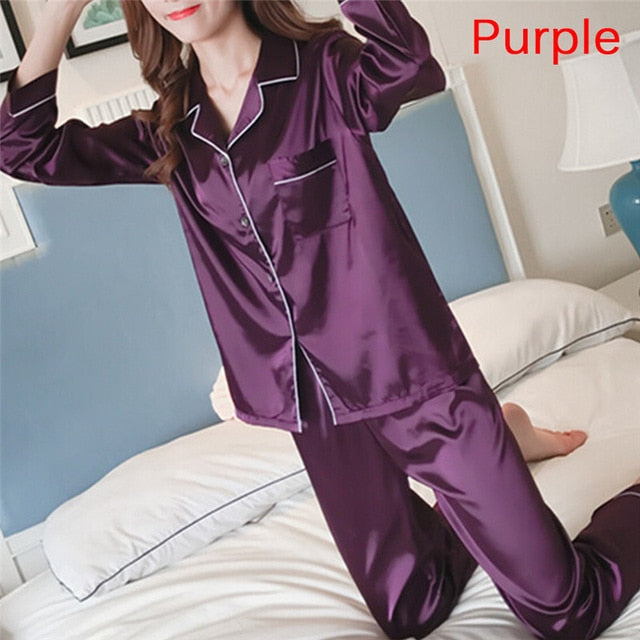 2 Piece Set Loungewear Womens Silk Satin Pajamas Pyjamas Set Long Sleeve Sleepwear Pijama Pajamas Suit Female Sleep