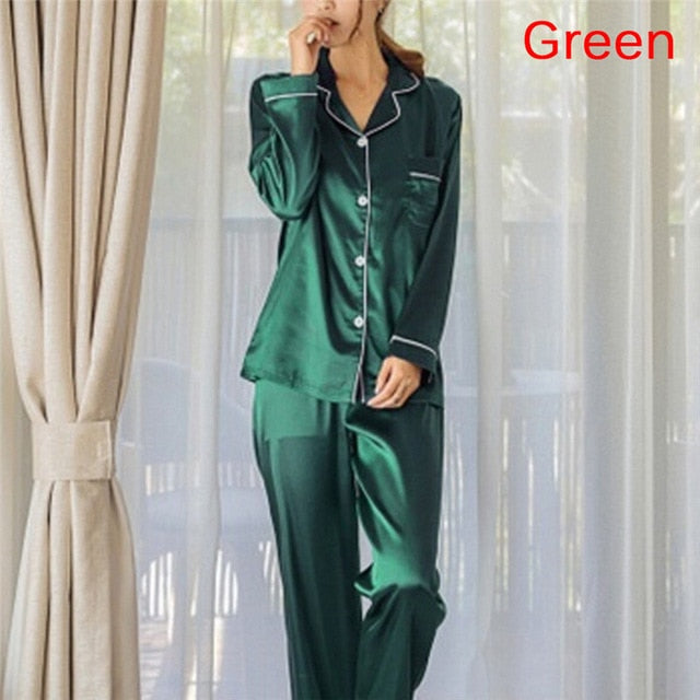 2 Piece Set Loungewear Womens Silk Satin Pajamas Pyjamas Set Long Sleeve Sleepwear Pijama Pajamas Suit Female Sleep